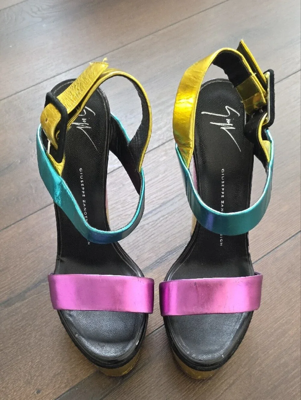Giuseppe Zanotti metallic color block leather platform wedge sandals